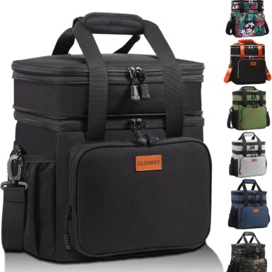 GLENKEY Expandable Lunch Box Insulated Leakproof Cooler Bag Work Outdoor | Heavy Duty Oxford, Heat-Resistant Liner, Smell Proof, 6hr Hot/12hr Cold. Double Deck, Lightweight. Adult Shift