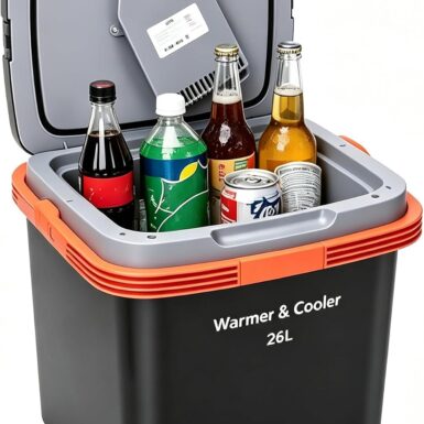 Garvee 26 L Electric Cooler & Warmer, Portable Car Refrigerator with Auto-Lock Handle, 12V DC for Cars & Trucks, Equipped with 110V AC Household Power Cord, Plug-in Cooling Fridge, Black&Orange